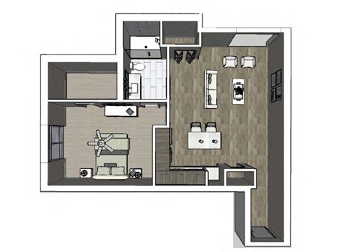 Floor plan for 1 bed, 1 bath, 1065 sqft